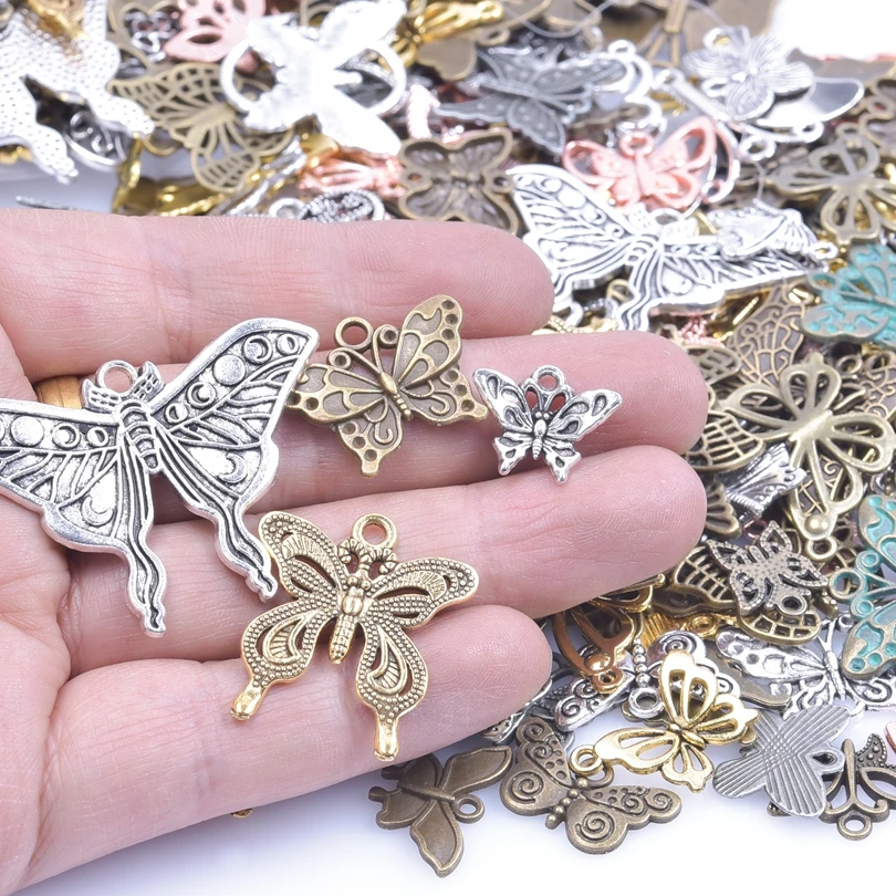 30/50/100Pcs Mix Butterfly Moth Four Tone Pendant Antique Bronze Rose Gold Color Cutout Insect Animal Charm For Making Jewelry