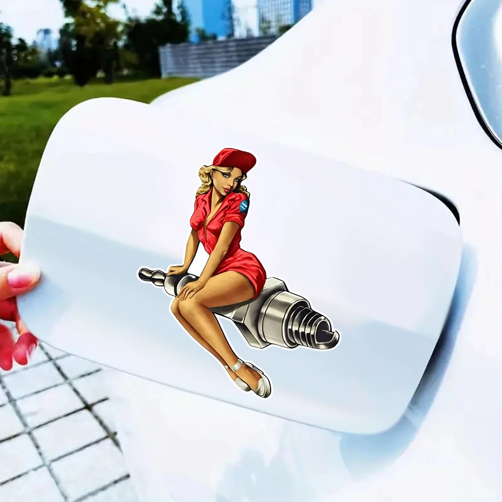 11x14cm, Woman and Spark Plug Waterproof Vinyl Car Decals for Windows, Bumper, Exterior Decorative Accessories