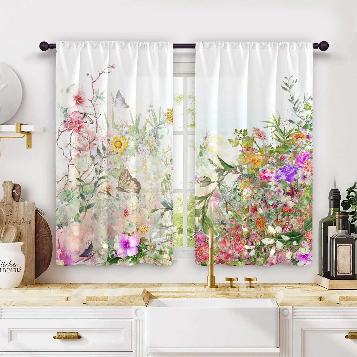 2pcs Soft and Elegant Watercolor Floral Semi-blackout Curtains Above Kitchen Sink for Home Bedroom and Living Room Shade Cloth