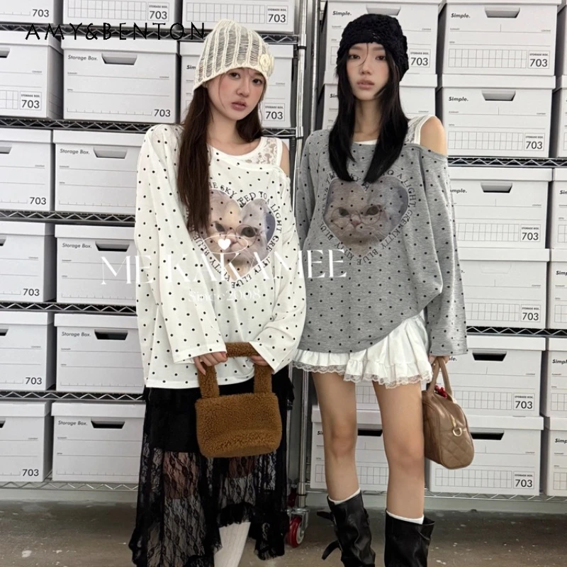 

Korean Autumn New Women's Clothing Polka Dot Animal Print Lace Splicing Asymmetrical Fake 2-Piece Long Sleeve T-Shirt Ladies