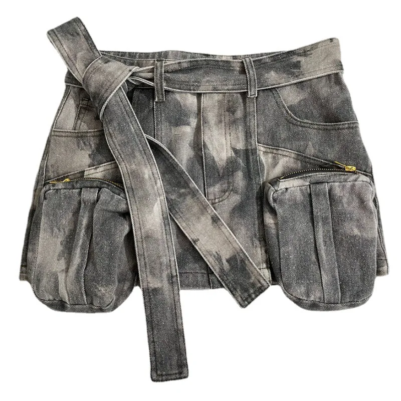 Camouflage Vrouwen Korte Denim Rok Multi Pocket Cargo Met Riem Zomer Losse Hete Meid Straat Casual Lage Taille Rook Grijze Jurk