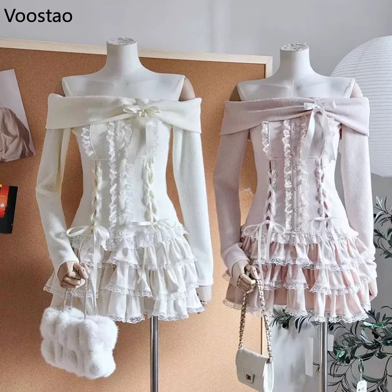 Sweet Lolita Style Skirt Set Women Y2k Aesthetic Sexy Slash Neck Bow Sweater Lace Cake Skirts Suit Korean Fashion Cute Outifits