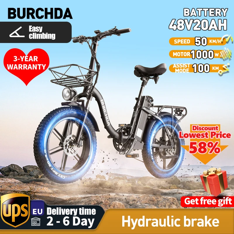 BURCHDA-Adult folding electric bicycle  R8S, 48V, 20Ah, 20x4.0, hydraulic suspension bike, 1000W motor, 45 km/h, mountain, snow