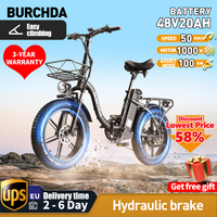 BURCHDA-Folding Electric Bicycle 1000W 20 inchCity Electric Bike 48V20AH Big Battery 4.0 inch WideTyre Mountain Ebike R8S,45KM/H