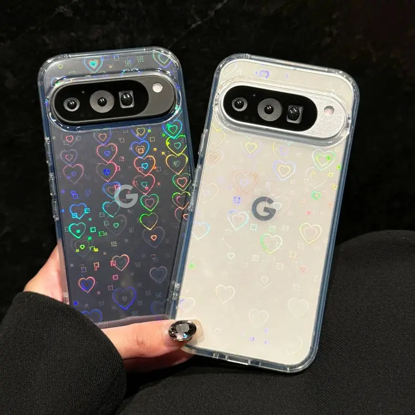 Gradient Laser Love Heart Pattern Clear Phone Case For Google Pixel 9 9Pro XL 9A 8 8Pro 8A Glitter Transparent Shockproof Cover