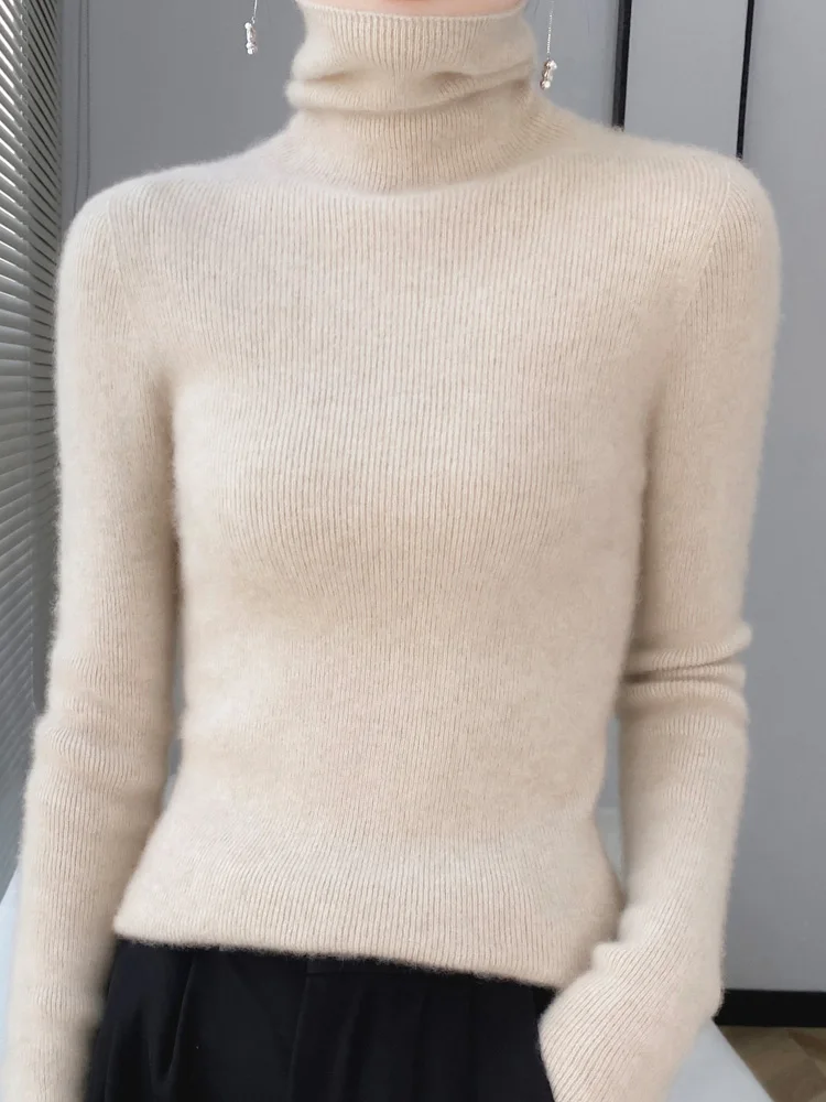 

Autumn Winter Women's Turtleneck 100% Merino Wool Sweater Basic Slim Cashmere Knitwear Pullover Female Elegant Clothing Tops