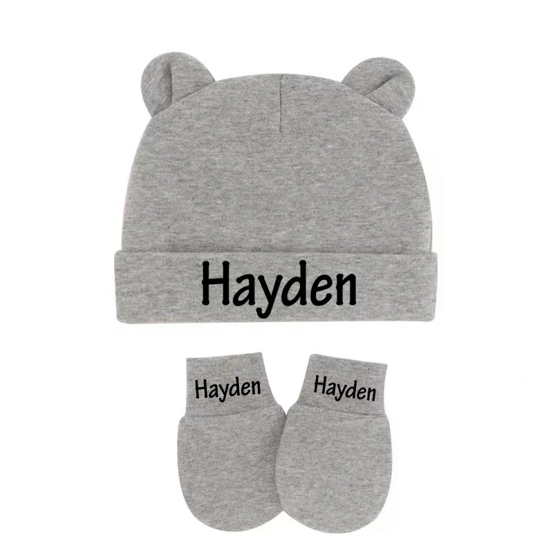 Custom Name Newborn Baby Beanies Cute Baby Hat & Mittens With Ears Cotton Stretchy Boys Girls Warm Cap Gloves Baby Shower Gifts