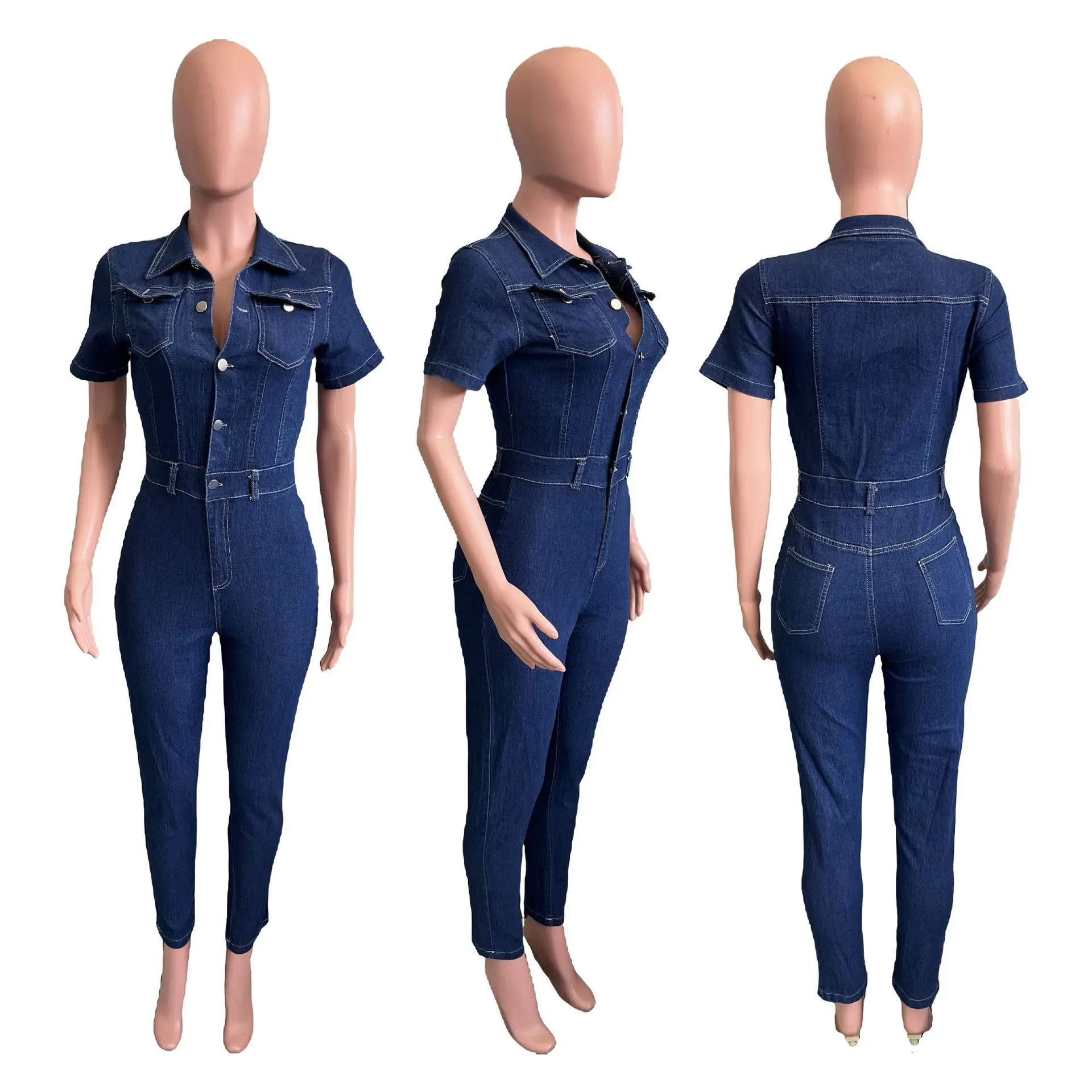 New Fashion Women's Denim Rompers Summer Short Sleeve Lapel Tight Comfortable Solid Color Ladies Rompers