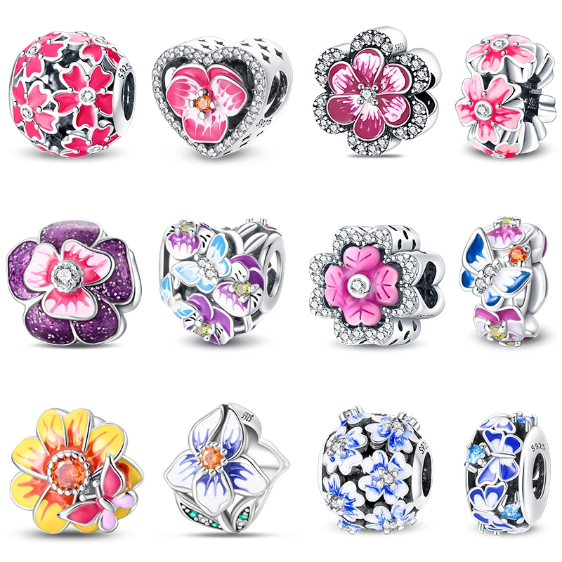 Spring 925 Silver Color Sakura Butterfly Flowers Charms Beads Fit Pandora 925 Original Bracelets Fine DIY Jewelry Birthday Gifts