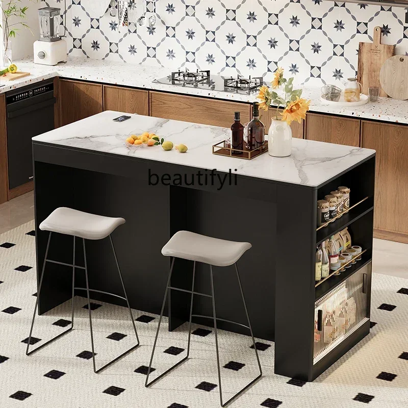 Q181  American solid wood island cabinet movable open rock slab bar table dining side cabinet integrated