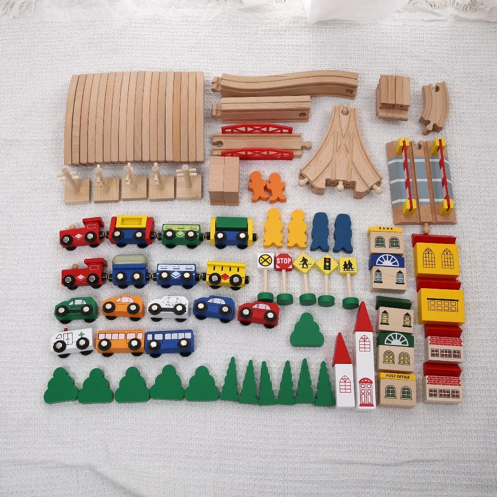 Ensemble de train en bois avec assemblage coulissant sur rail, blocs de construction en bois, voiture sur rail pour enfants, voiture jouet, garçon