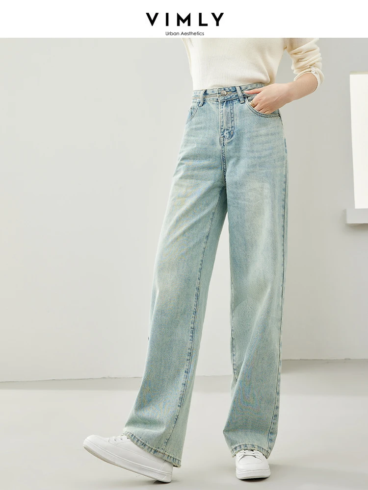 Vimly High Waist Straight Jeans Women 2024 Spring Retro Light Blue Full Length Wide Leg Denim Pant Woman Casual Trousers 72786