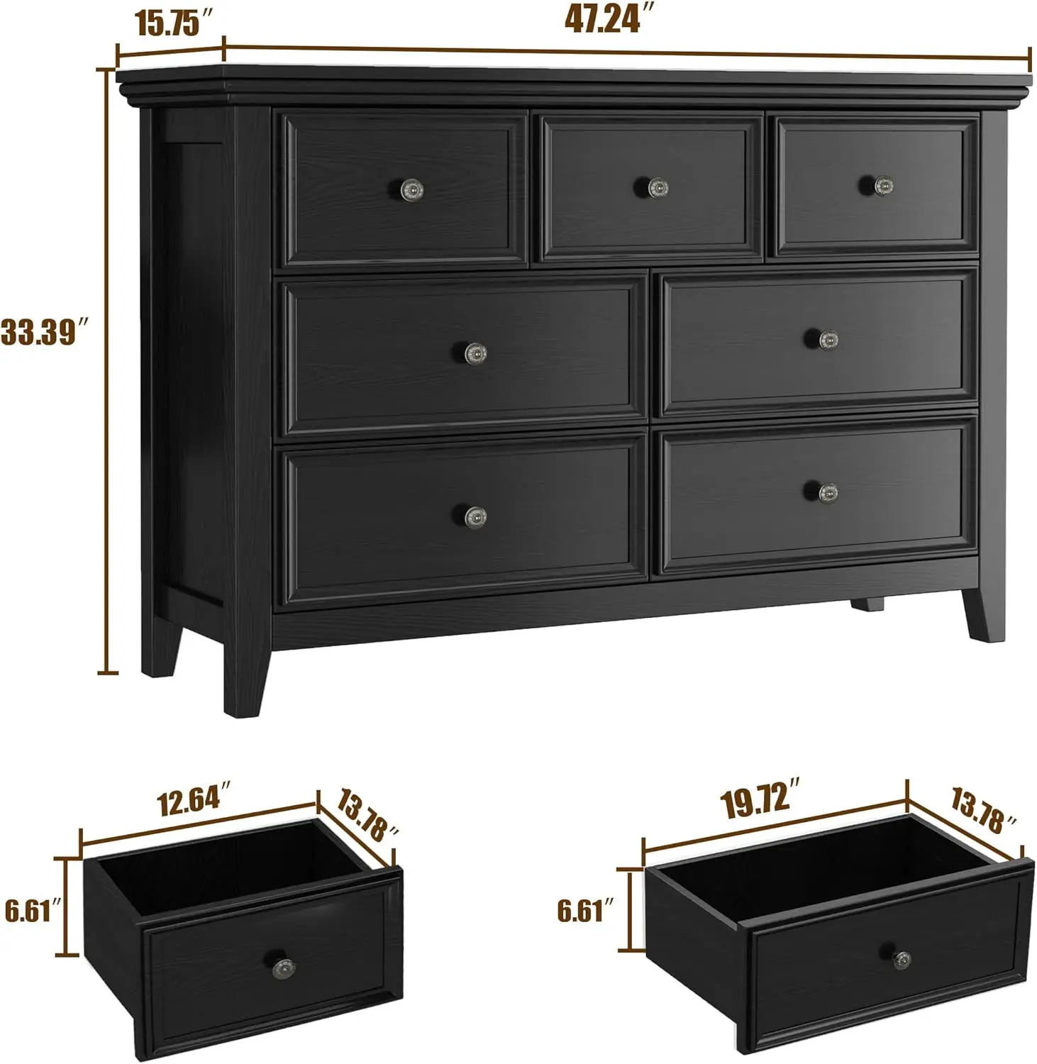 Black Dresser, Modern Dresser for Bedroom, 7 Chest Drawer Nightstand, Large Capacity Wood Cabinet for Bedroom, Living Room, Clos