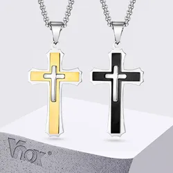 Vnox Chunky Three Layered Cross Necklaces for Men, Black Silver Color Stainless Steel Bold Faith Cross Pendant,Hip Hop Necklace