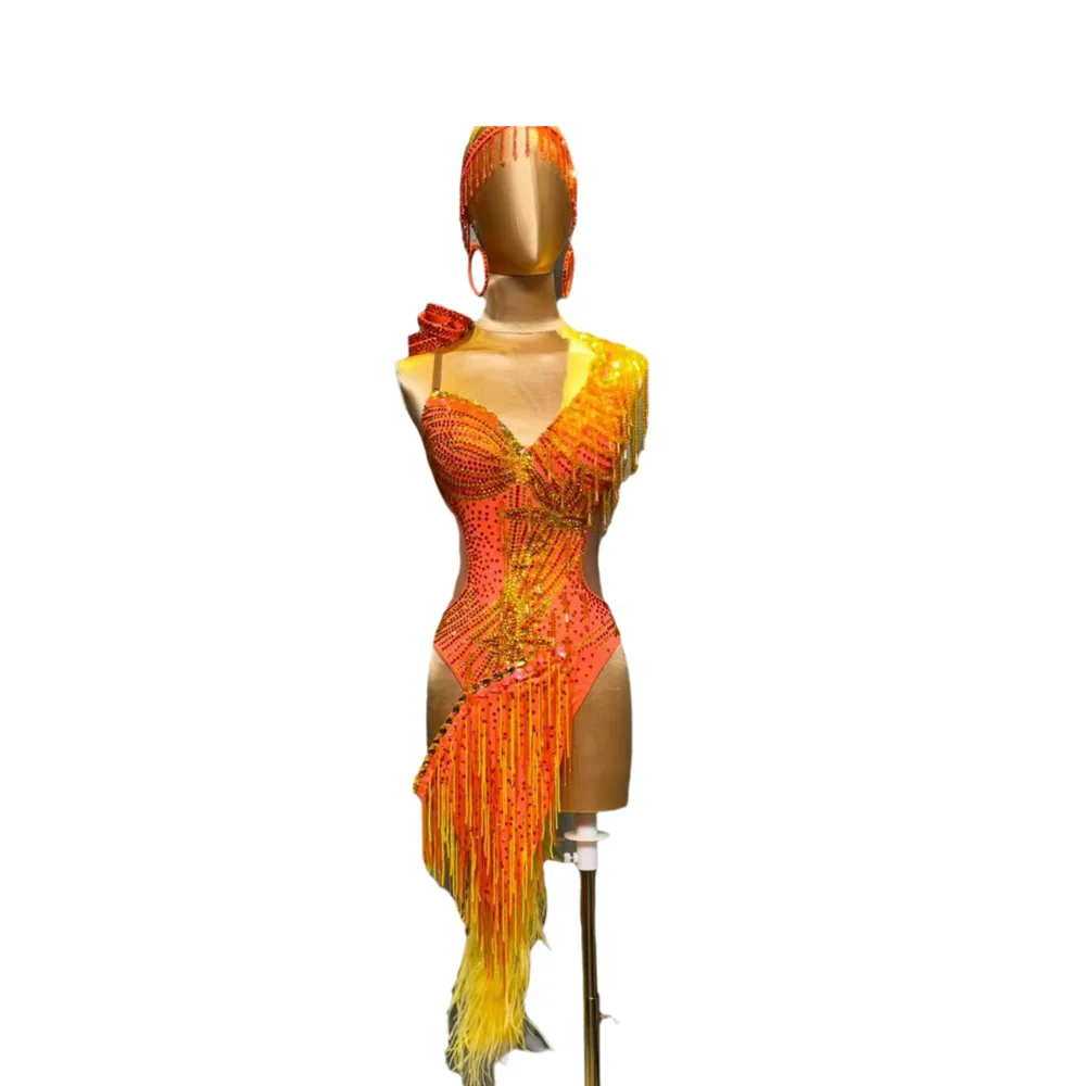 라틴 댄스 AB 스톤 여성 성인 어린이 고급 맞춤형 오렌지 스위트하트 드레스 블랙 풀 삼바 공연 드레스