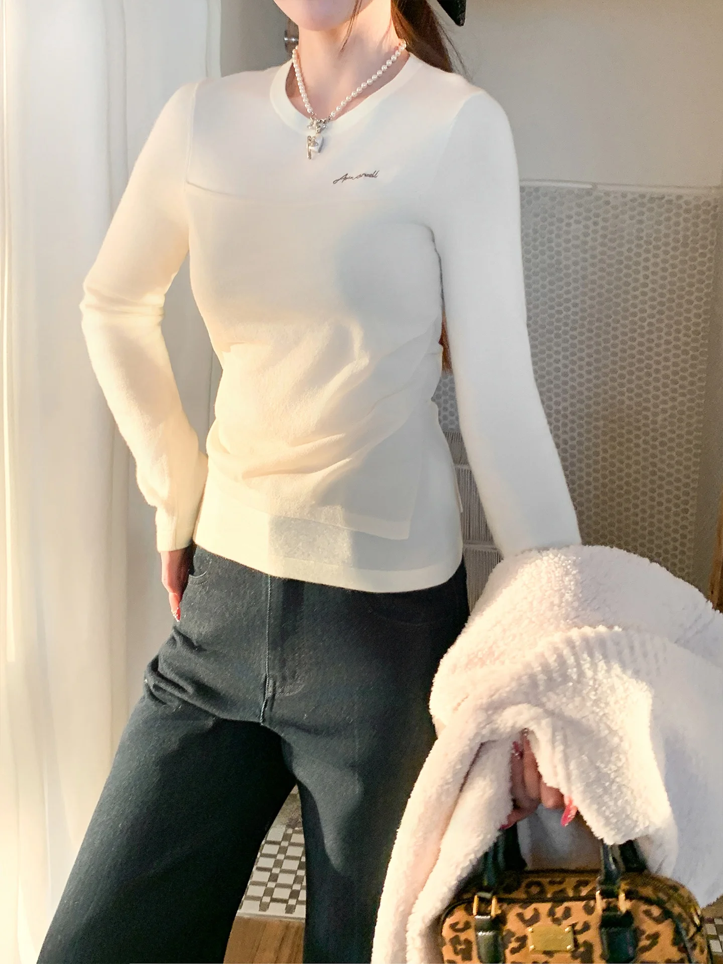 

Женская трикотажная футболка Color Blo Base с круглым вырезом, облегающая, для весеннего сезона, для повседневной носки, с высокой талией, из нейлона, с длинными рукавами