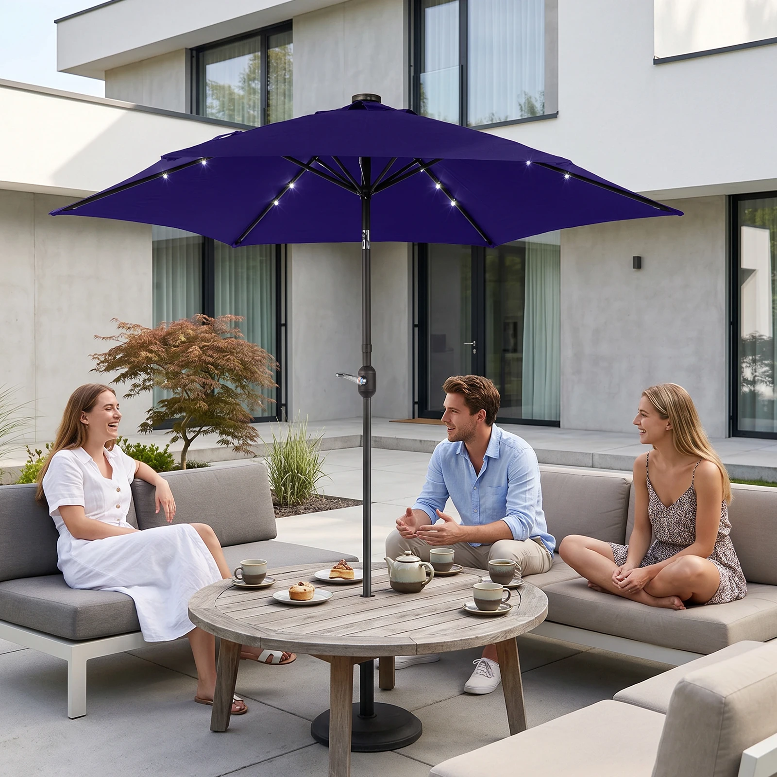 

9FT Solar LED Patio Umbrella Push Button Tilt Waterproof Navy Blue