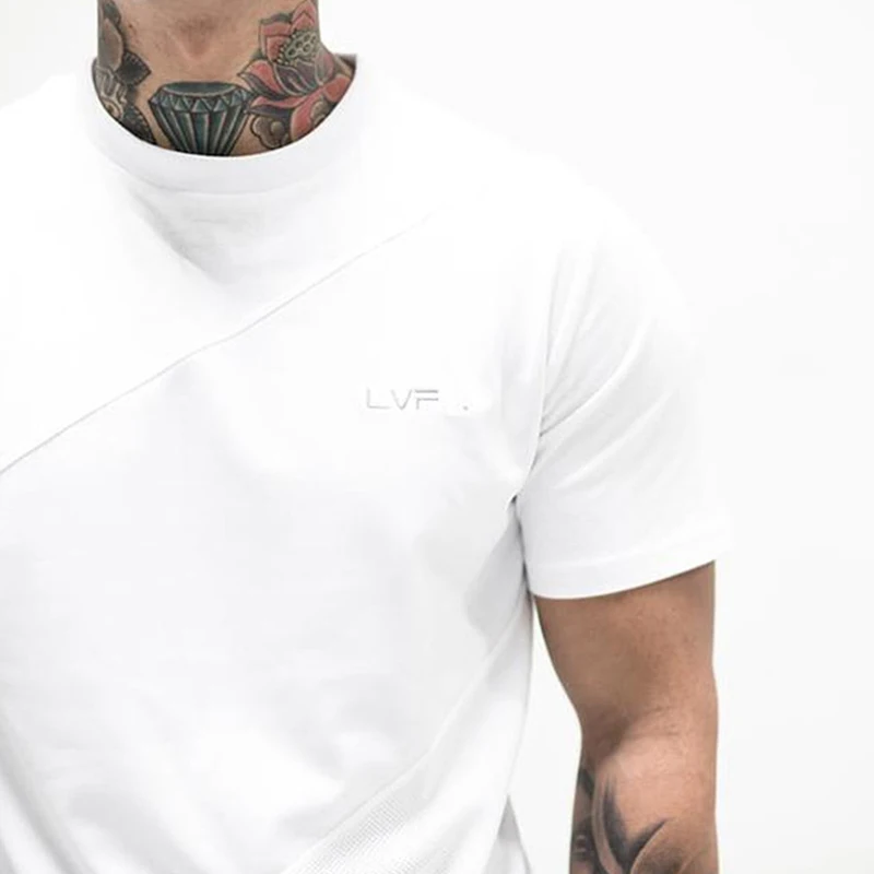 Men's Summer Patchwork Short Sleeve T-Shirt Breathable Gym Fitness Running Workout Bodybuilding Casual Athletic Sports Tee Tops