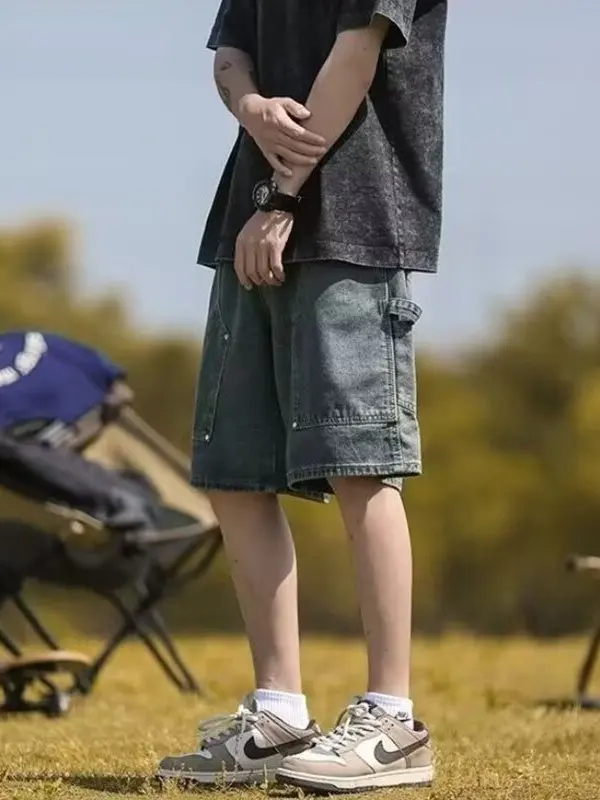 الرجعية الأمريكية Waed مستقيم الساق الدنيم orts الرجال الصيف العصرية الهيب هوب الشارع فضفاض واسعة الساق خمسة orts لباس غير رسمي #5