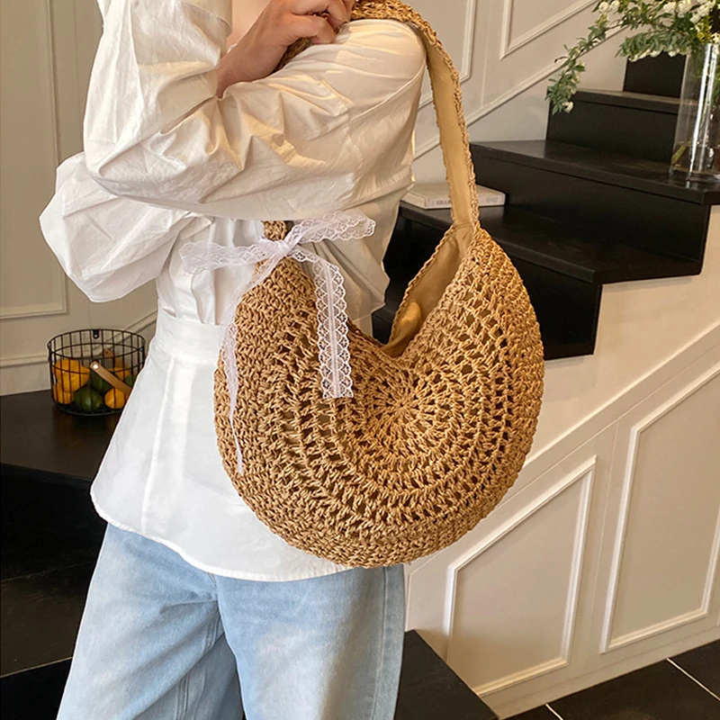 

Summer Weaving With Lase Bow Shoulder Bags Large Capacity Vacation Handbags Ladies Vacation Beach Tote Bas Half Moon Women Bags