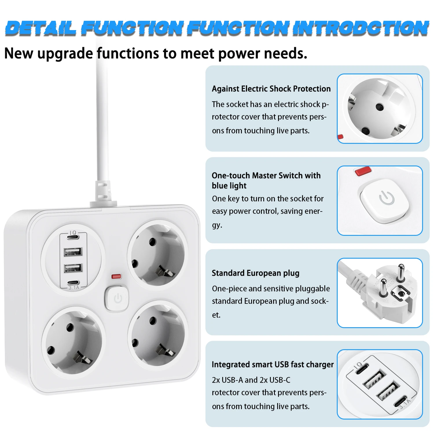 European plug extension cord power strip with 3AC+2USB-A+2USB-C with switch multi-contact socket 13A 250V 3250W surge protector image 5