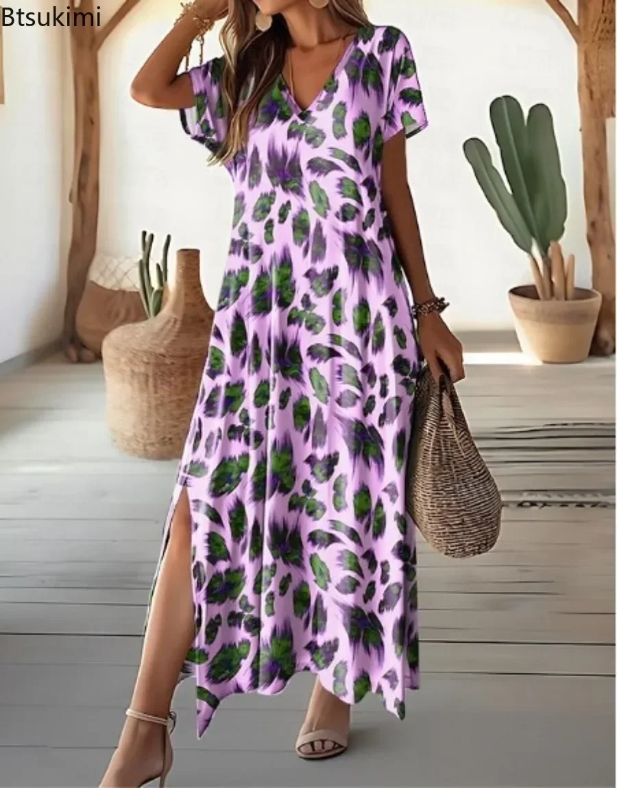 Robe de plage style Boho, décontractée, fendue sur le côté, motif imprimé, col en v, ample, mode élégante, Maxi, pour femmes, nouvelle collection 2025