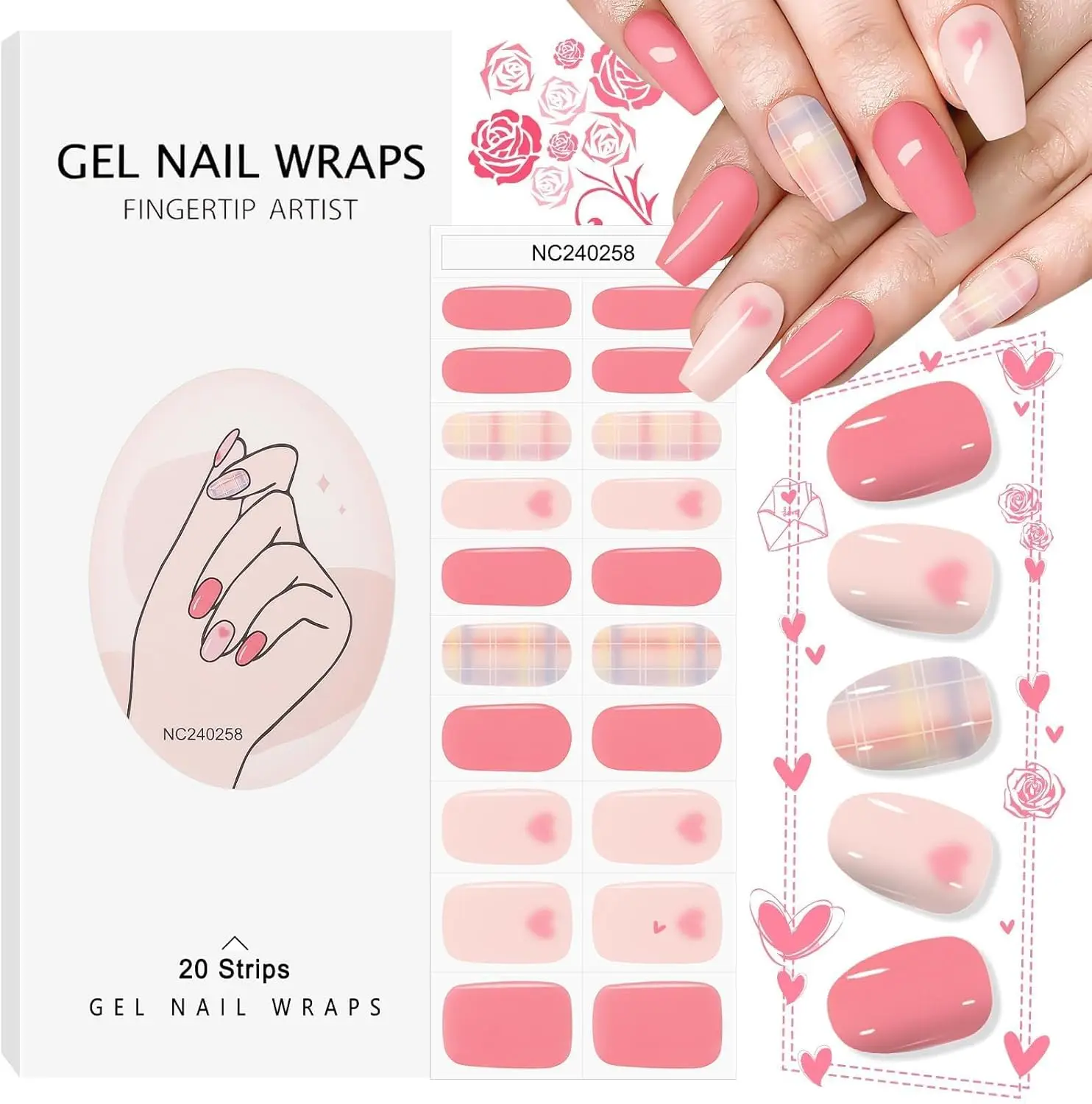 

20PCS Pink Heart Valentine's Day Nail Wraps Semi-Cured Gel Strips for Women Girls, UV/LED Required