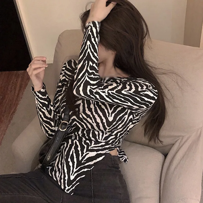 Women\'s Color Block Zebra Print Striped Long Sleeve Slim Fit Sexy Blouse