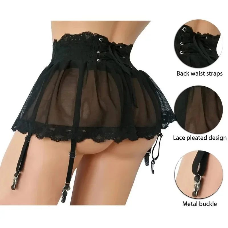 Lace Transparent Mesh Waist Suspender With 4 Straps Erotic Lingerie Sex Wear Mini Dress Plus Size Wedding Garter Belt For Women