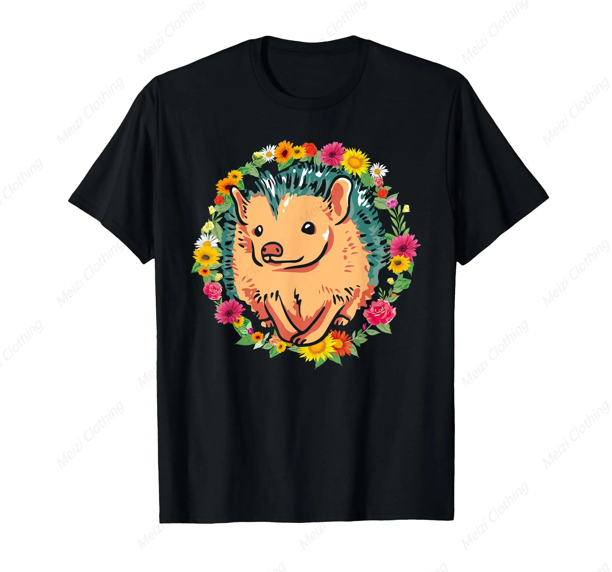 

Cute Hedgehog Animal Printed Shirt Black Fit Loose T-shirt Cotton Casual Comfortable Short Sleeve