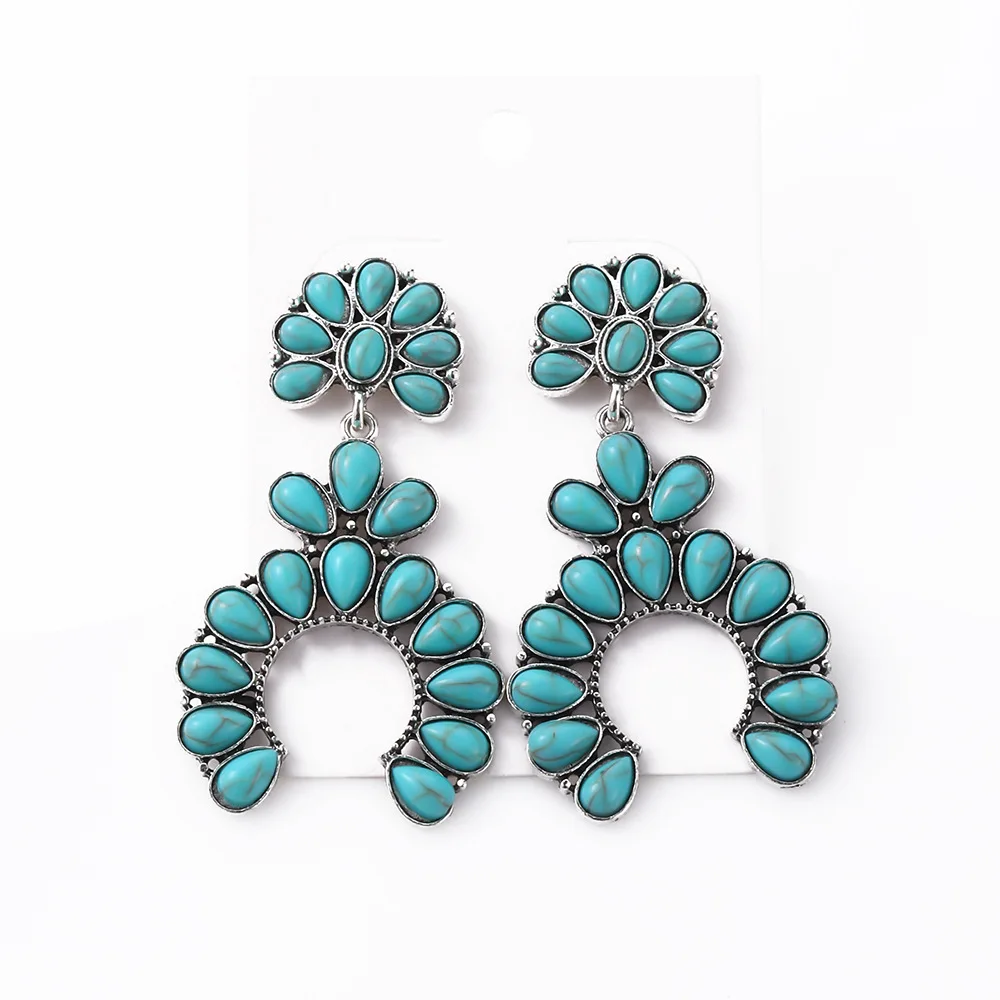 Boho Turquoise Fanwise Dangle Metal Earring Bohemian Flowers Drop Exaggerated Handmade Fan-Shaped Blue Stone Earring For Women