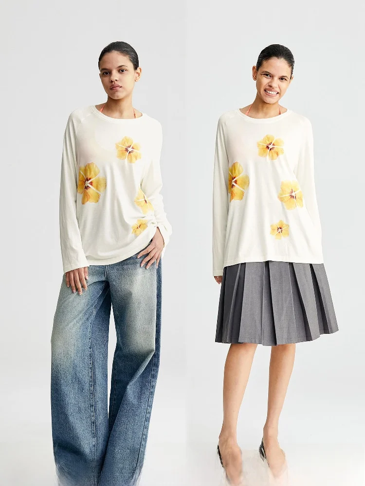 

New Summer Women's Long Sve T-irt Thin Lenzing Print Street Sle Loose Fit Floral Pattern Cool Feeling Summer Top