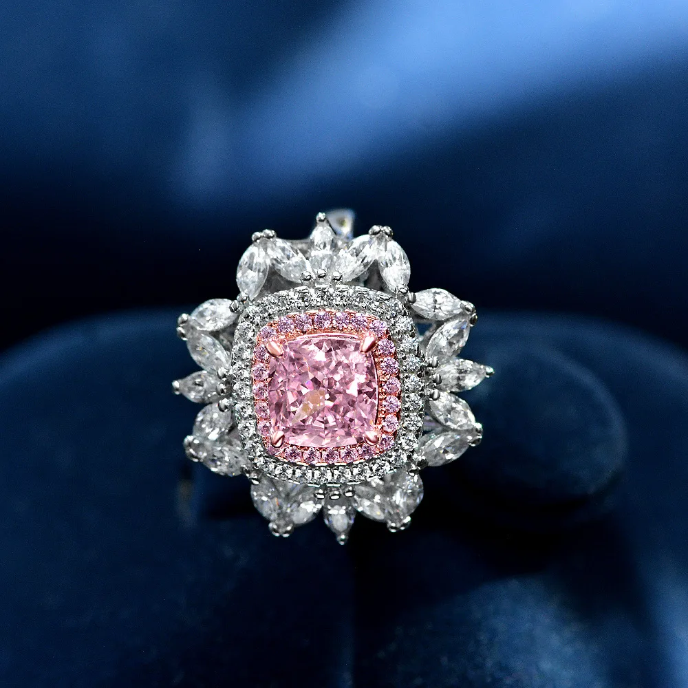 

New fashion trend 925 silver inlaid 5A zircon luxury flower pink diamond gemstone ring pillow-shaped ladies