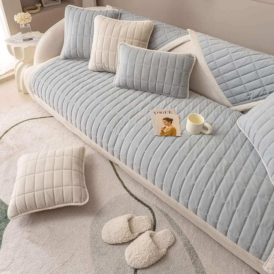 

Velvet Plush Plaid Quilted Sofa Cover Super Soft Non Slip Sectional Couch Cover Farmhouse Fluffy Fuzzy Sofa Slipcover Furniture