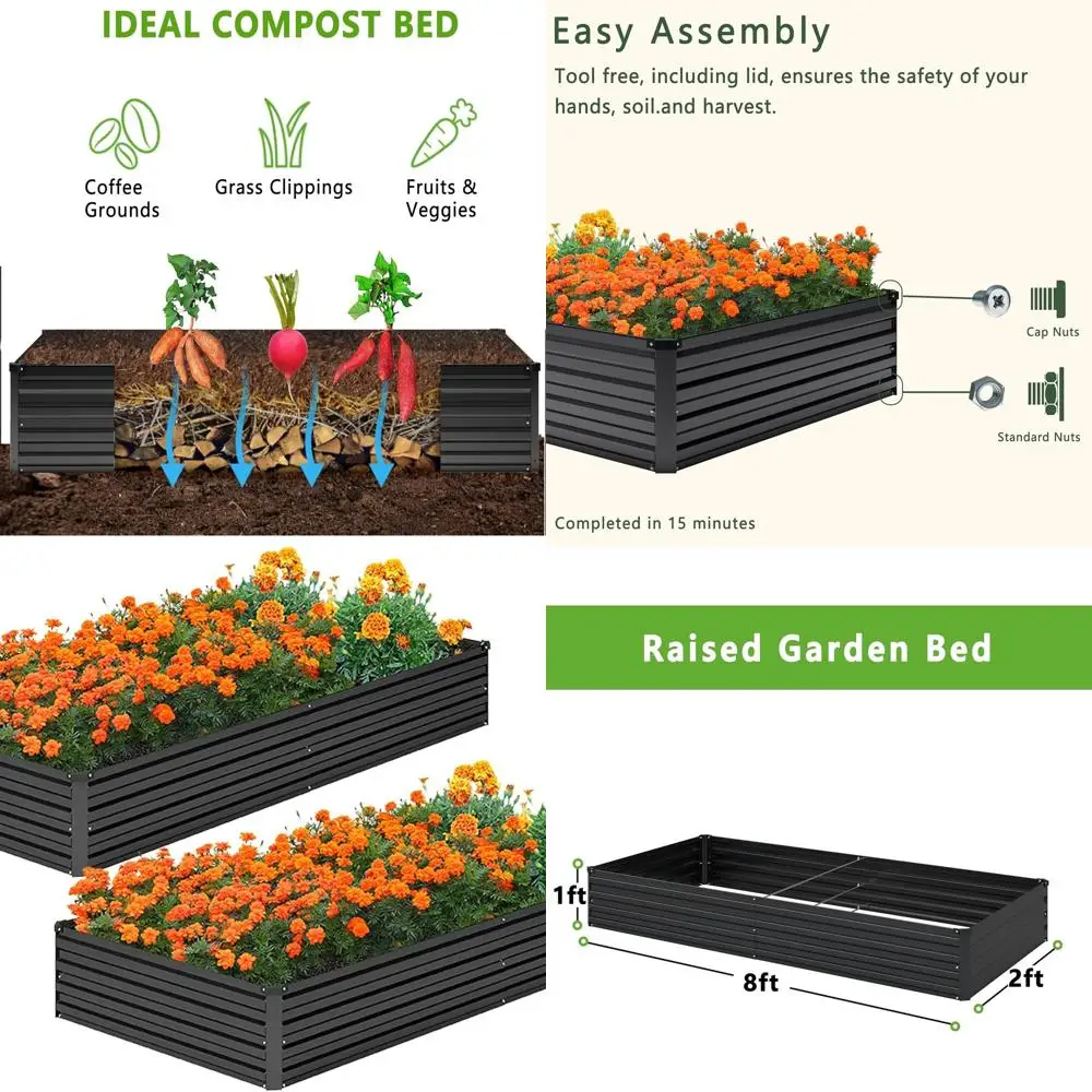 

2pcs 8x2x1FT Outdoor Galvanized Raised Garden Beds - Planter Boxes for Vegetables, Herbs, Flowers in Black