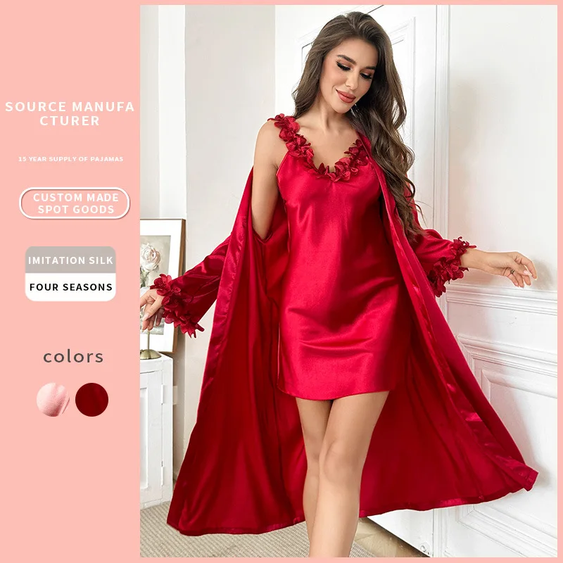 

Casual Women's New Nightgown and Robe with Sexy Charm Petal Collar Sleepwear Ice Silk Fashion Thin V-neck Two-piece Set Pajamas