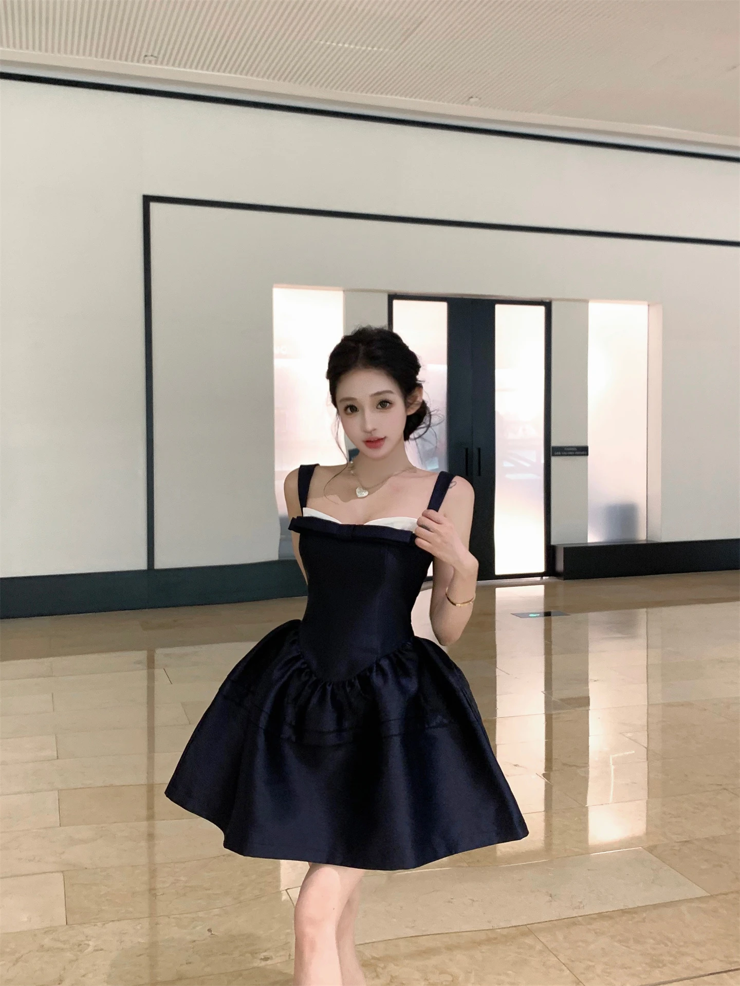 

Princess Style Birthday Dress Knot Splicing Summer Women's Waist Cinching Puffy Skirt Strapless Acetate Fiber Dress