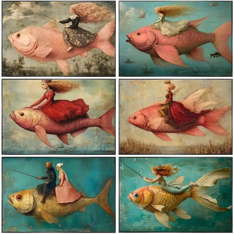 Poster und Drucke mit dem Motiv „Person auf einem großen Fisch“, Retro-Abstraktes Mädchen und Fisch, Leinwandbild, Wandkunst, Bild für die Dekoration von Wohnräumen. – Detail 4