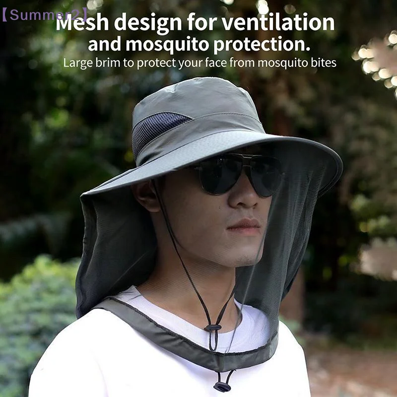 【Xia2】2 In 1 Sunscreen Mosquito Repellent Hat With Face Shield Summer Outdoor Wide-Brimmed Anti-UV Hat Breathable Bucket Cap{S}