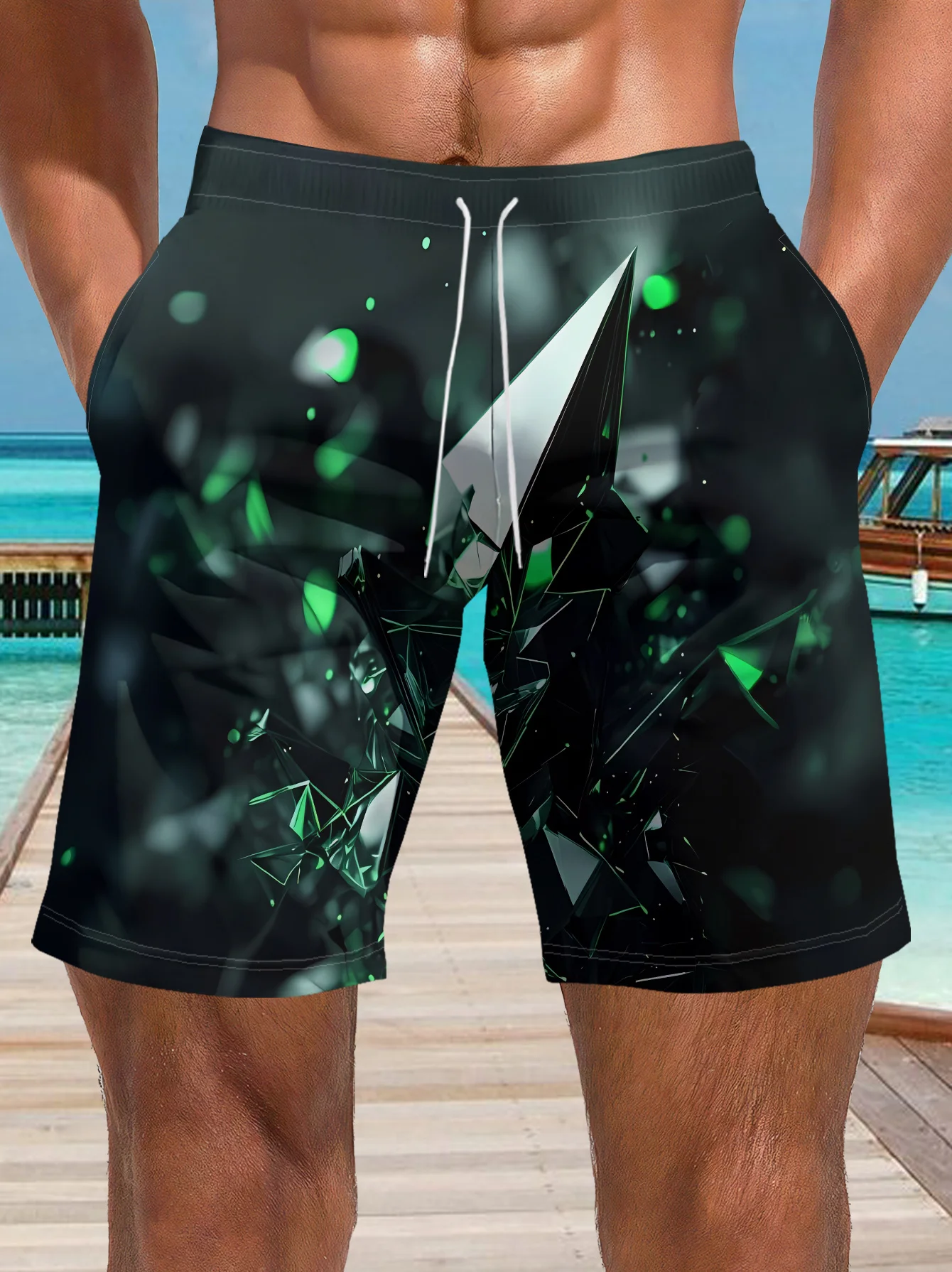 Mens Blue White Abstract Wave Print Quick Dry Drawstring Waist Beach Shorts Swim Trunks 2026