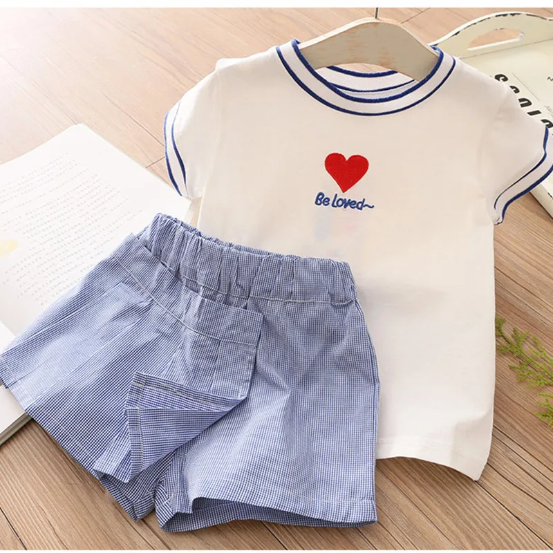 2024 Summer 3 4 5 6 7 8 10 12 Years Children Letter Heart Short Sleeve Letter Heart T-Shirt+Skirt 2 Pieces Set For Kids Girl