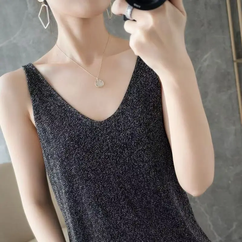  Solid color plus size Sleeveless Bright Silk Tank Tops Sexy Female V-Neck Knitted Camisole Club Girls Camis Thin Shiny Glitter