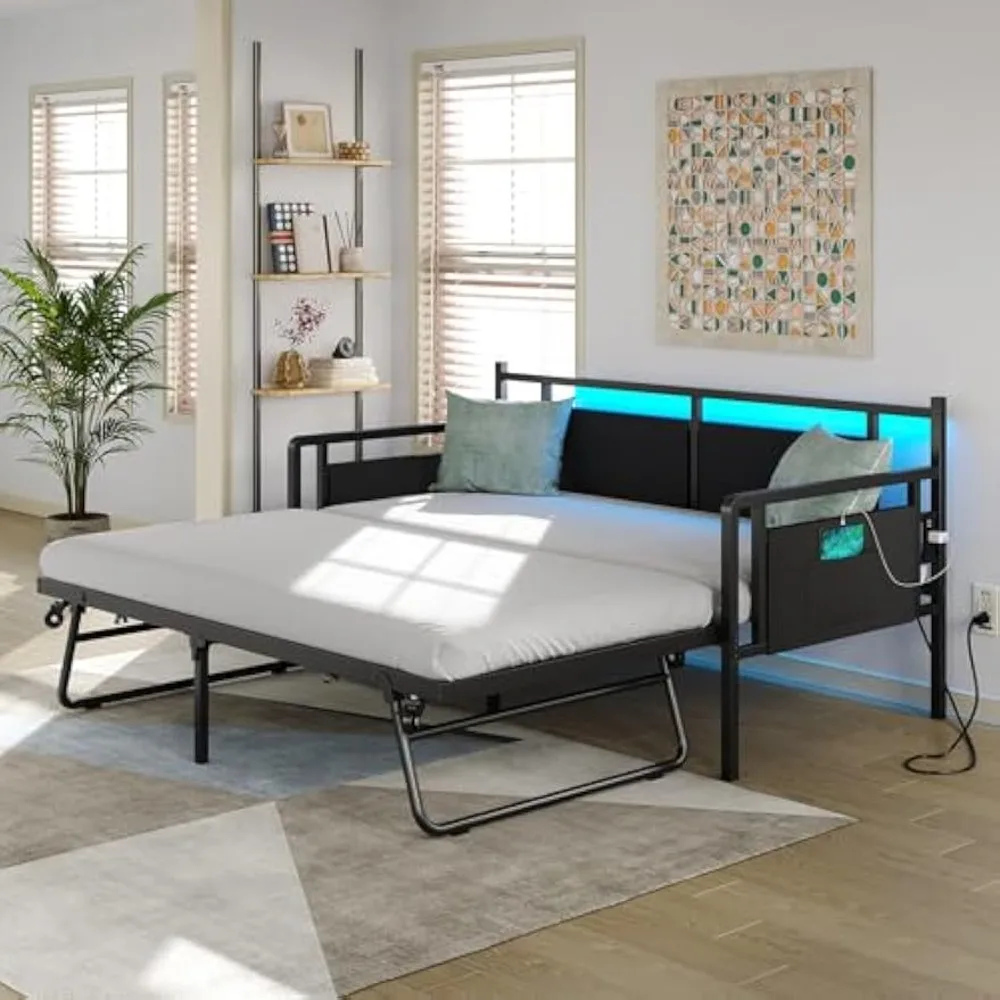 

Daybed with Charging Station and LED Lights, Twin Daybed with Trundle, Metal Bed Frame with Steel Slat Support for Bedroom