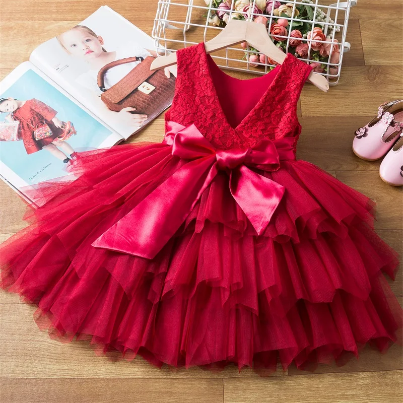 2-6 Years Flower Baby Girl Dress Sleeveless Lace Tutu Birthday Dress V-Backless Dress Christmas Green Gala Party Tulle Dress