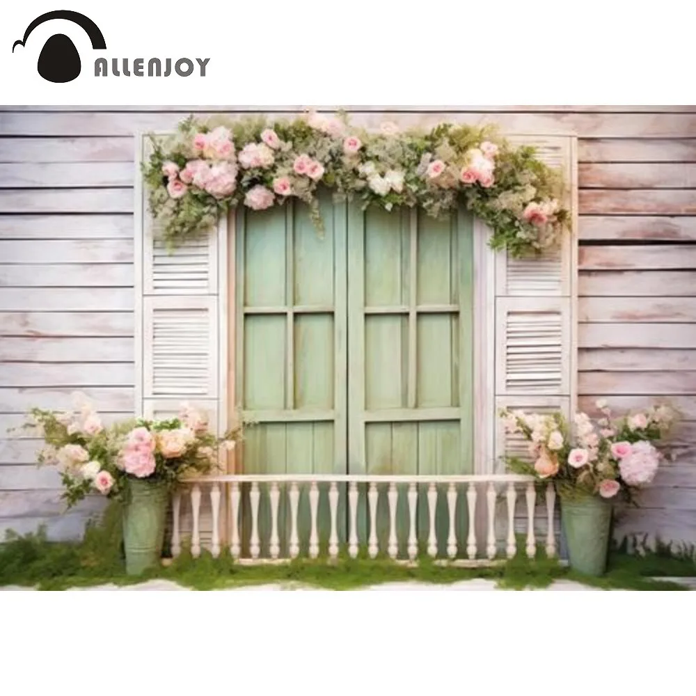 

Allenjoy Sage Green Spring Window Photography Background Romantic Easter Garden Floral Window Portrait Photo Props Backdrop