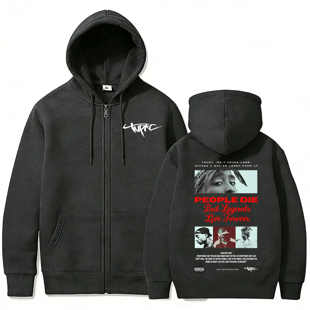 Rapper Tupac 2pac Grafik-Reißverschluss-Hoodie für Männer und Frauen Hip-Hop-Mode Übergroße Streetwear Lässige Herrenjacke mit Reißverschluss – Detail 4