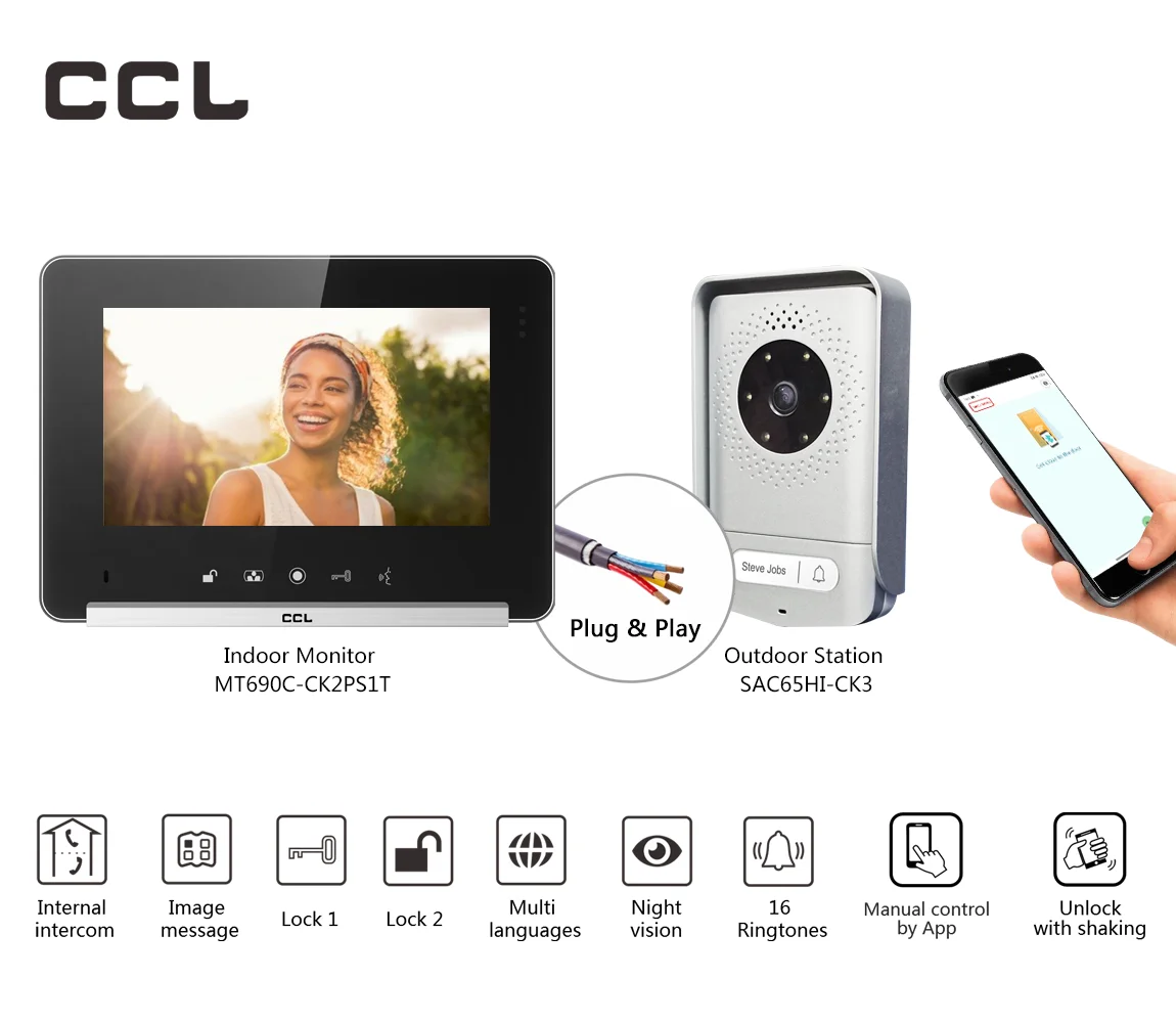 

CCL 7 Inch Home Video Intercom 4-Wire Villa Door Phone Doorbell Security Protection System Control by App Unlock with Shaking