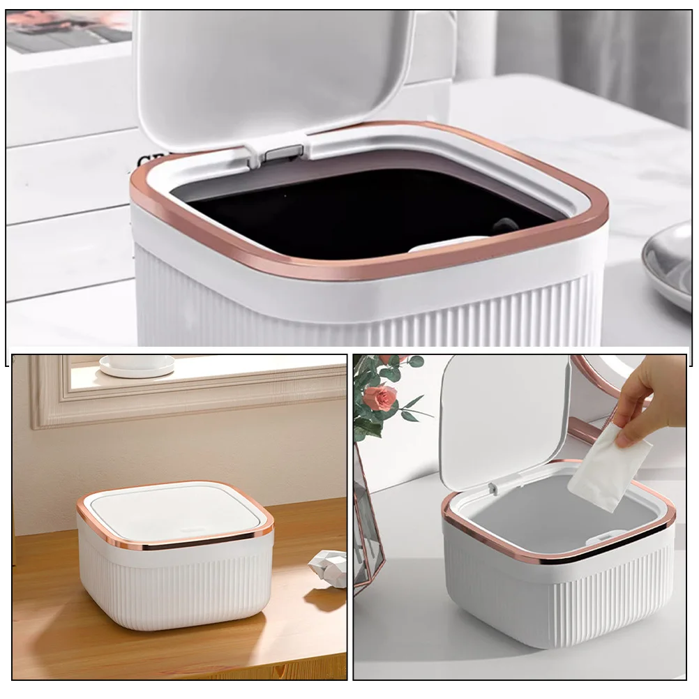 

Stylish Desk Trash Can Press Top Lid Garbage Bin for Small Spaces Modern Desktop Waste Container Organized Clutter Free Solution