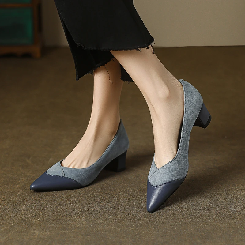 Genuine Leather Nubuck Women Pumps New Spring Ladies Blue Black Apricot Mid Block Heels Splicing Petite Foot Shoes Pointed Toe