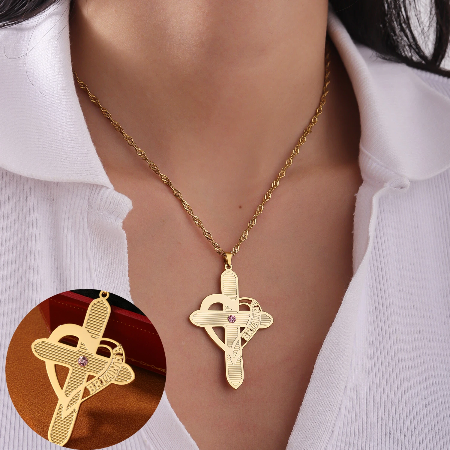 

Engraved Heart Cross Necklace with Birthstone Custom Name Pendant Etched Name Necklace Christmas Gift for Boyfriend Men Jewelry